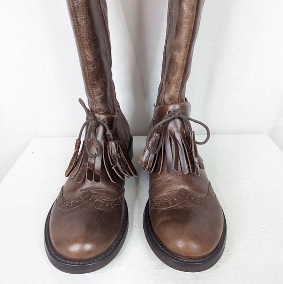 Coconuts by Matisse Leather Brogue Kiltie  Brown Riding Boots - Picture 6 of 9
